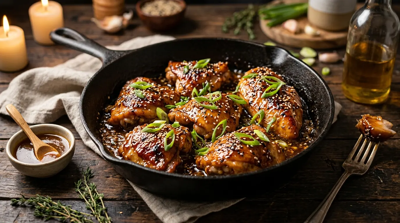 Close-up of homemade Honey Garlic Chicken with sticky honey garlic glaze, sesame seeds, and green onions.