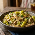 Close-up of the best homemade Mississippi Chicken Recipe with buttery sauce and pepperoncini.