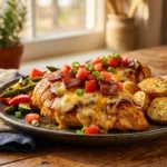 Best Monterey Chicken Recipe served with roasted potatoes and vegetables.