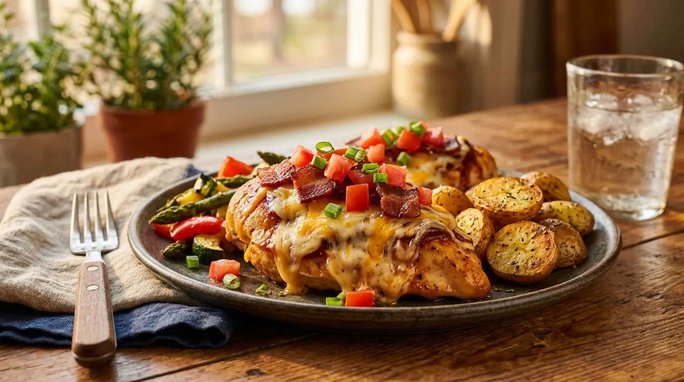 Best Monterey Chicken Recipe served with roasted potatoes and vegetables.