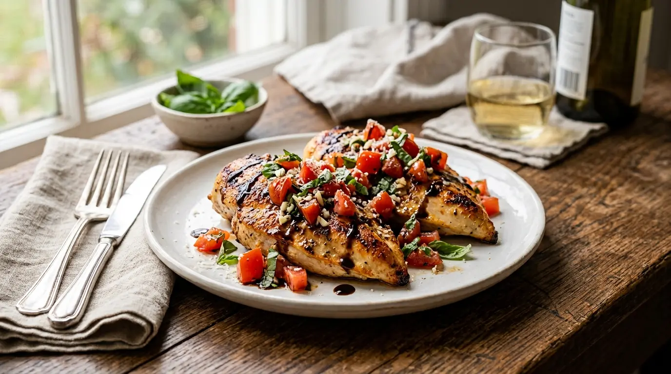 Bruschetta Chicken topped with fresh tomatoes, basil, Parmesan, and balsamic glaze.