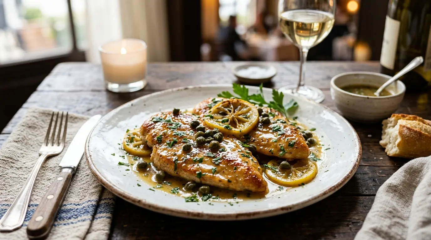 Chicken Piccata with golden chicken breasts in lemon butter caper sauce and fresh parsley