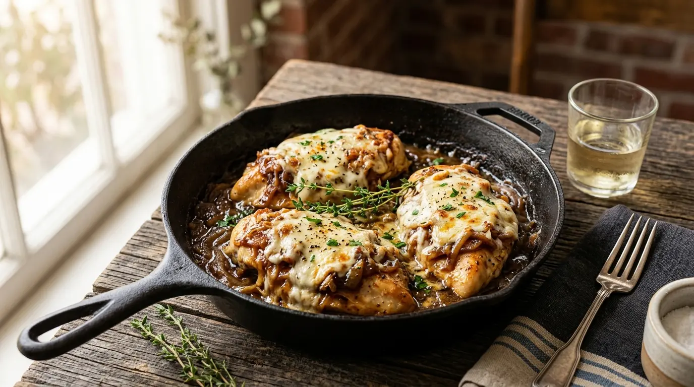 French Onion Chicken Recipe with caramelized onions and melted Gruyère cheese served in a cast iron skillet.