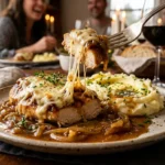 French Onion Chicken served with creamy mashed potatoes and caramelized onion gravy.