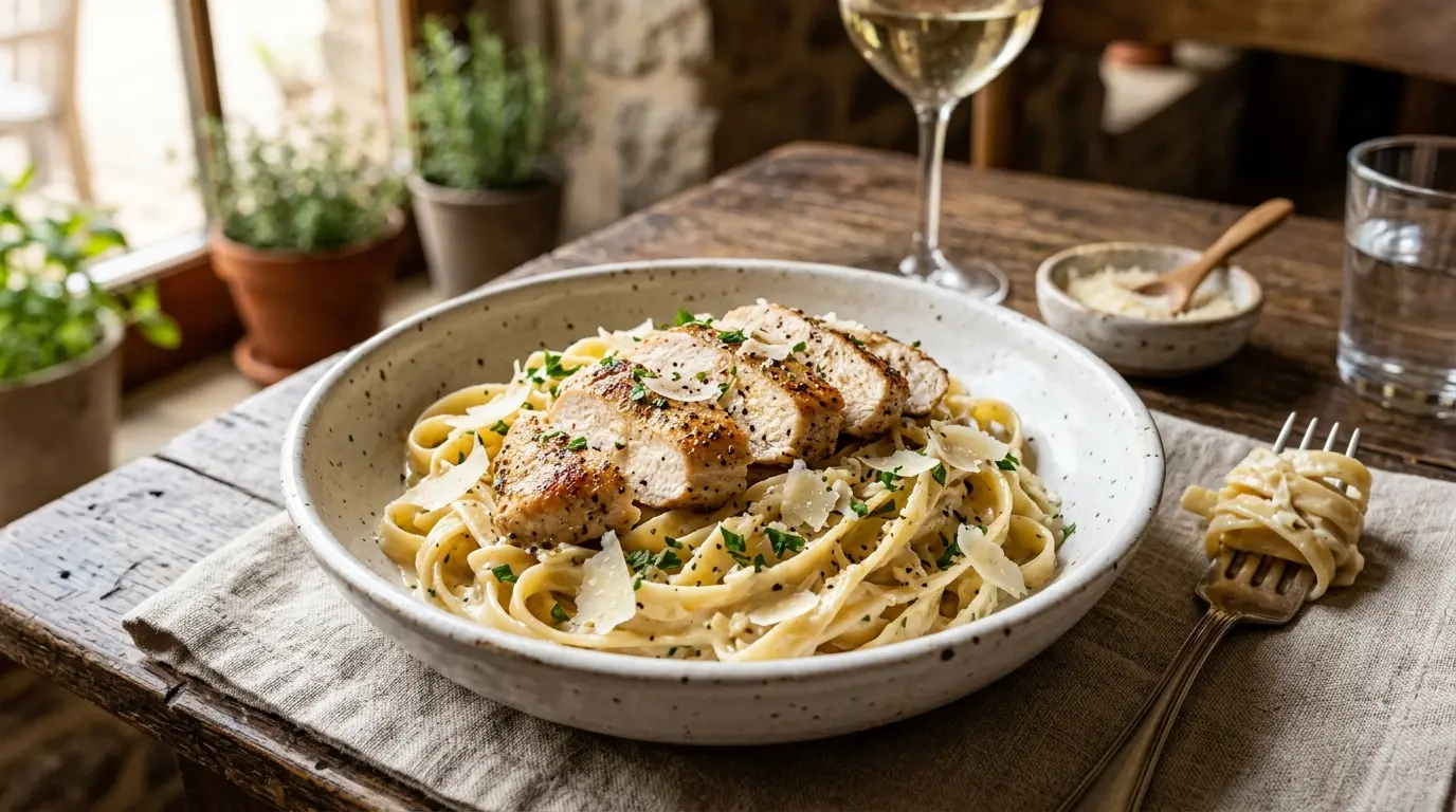 Garlic Parmesan Chicken Pasta with juicy chicken, creamy garlic Parmesan sauce, and freshly grated Parmesan cheese.