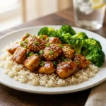 Honey Garlic Chicken served over steamed jasmine rice with broccoli.
