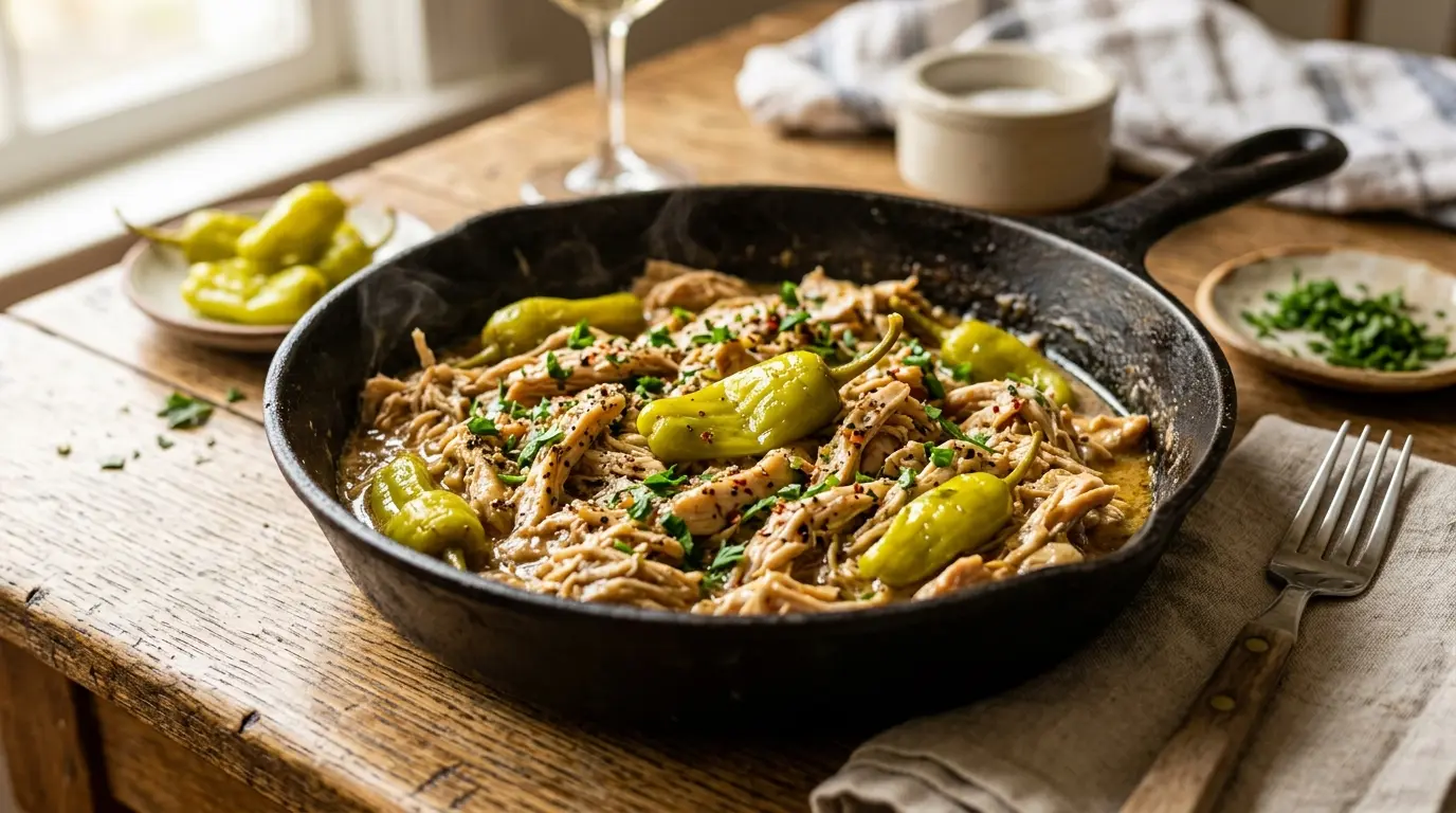 Mississippi Chicken Recipe served with tender shredded chicken, buttery ranch sauce, and pepperoncini peppers.
